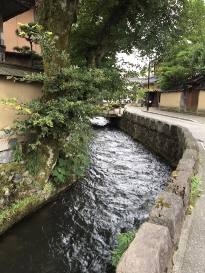 金沢長町やすらぎ緑地、用水、水量豊か、せせらぎ、石川県金沢市